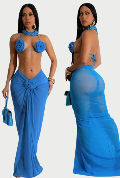 HALTER FLOWER BIKINI COVER 3PCS SWIMMING SET