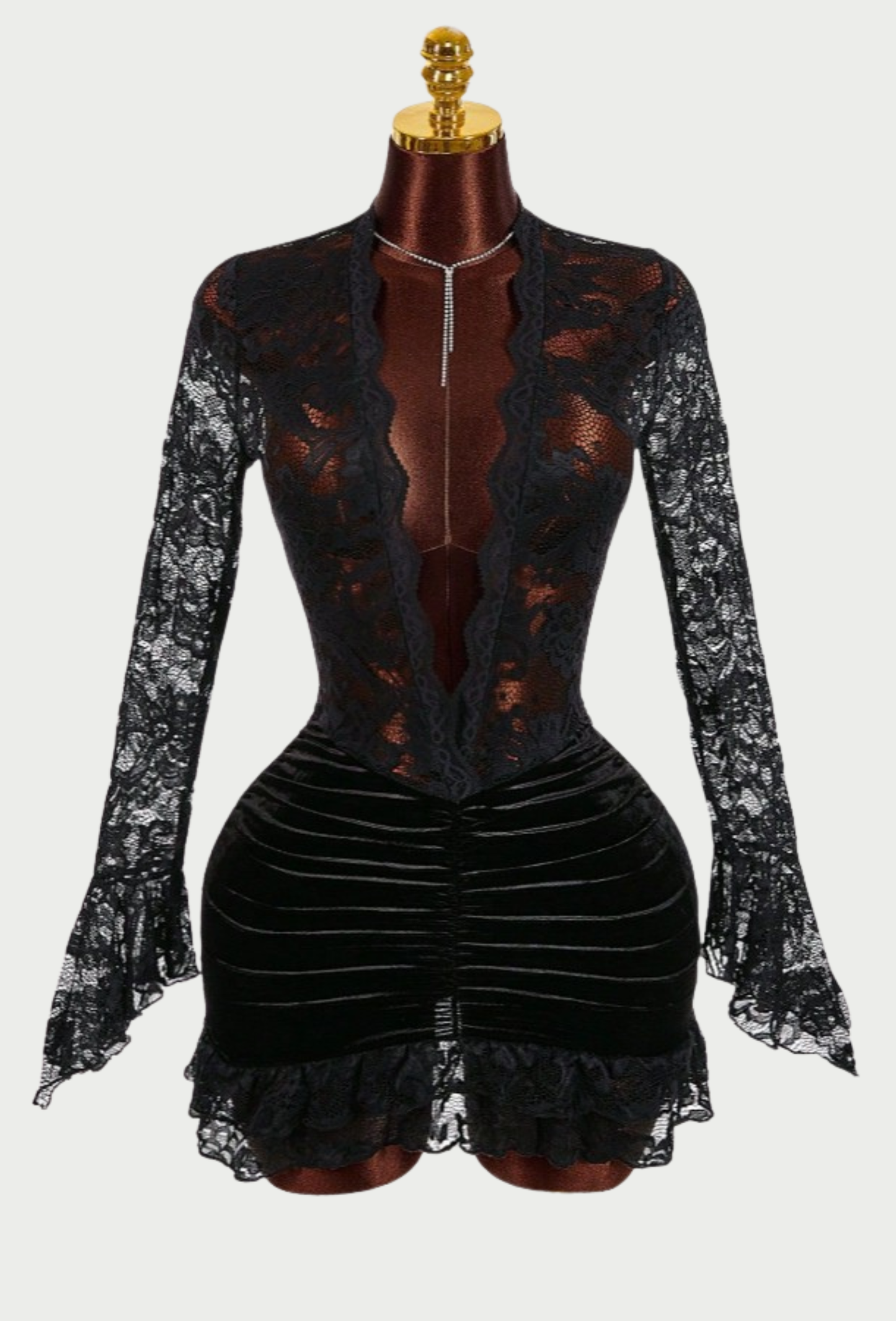 LACE PANEL RUCHED DEEP V DRESS
