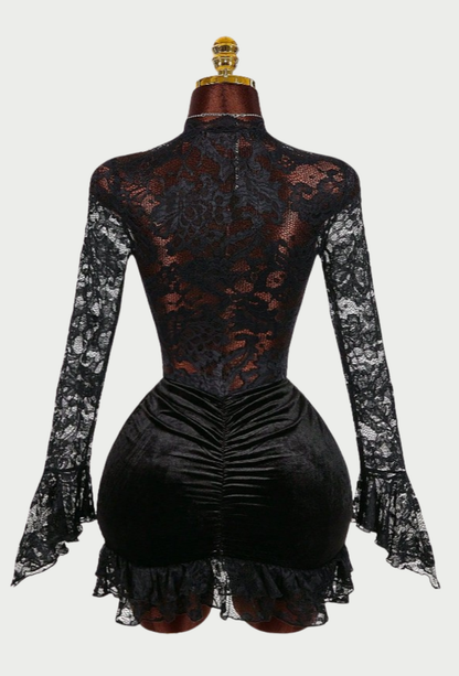 LACE PANEL RUCHED DEEP V DRESS