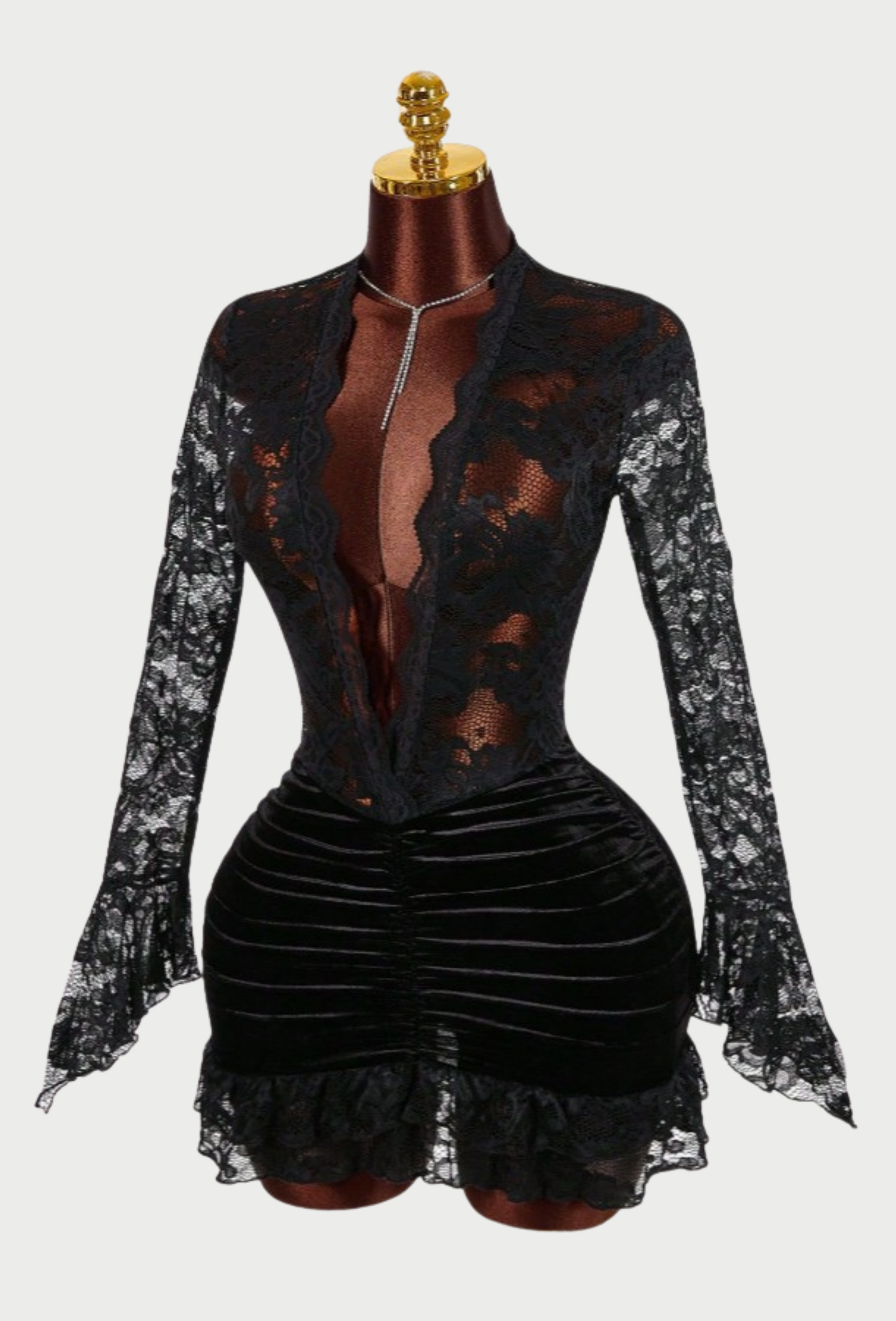 LACE PANEL RUCHED DEEP V DRESS