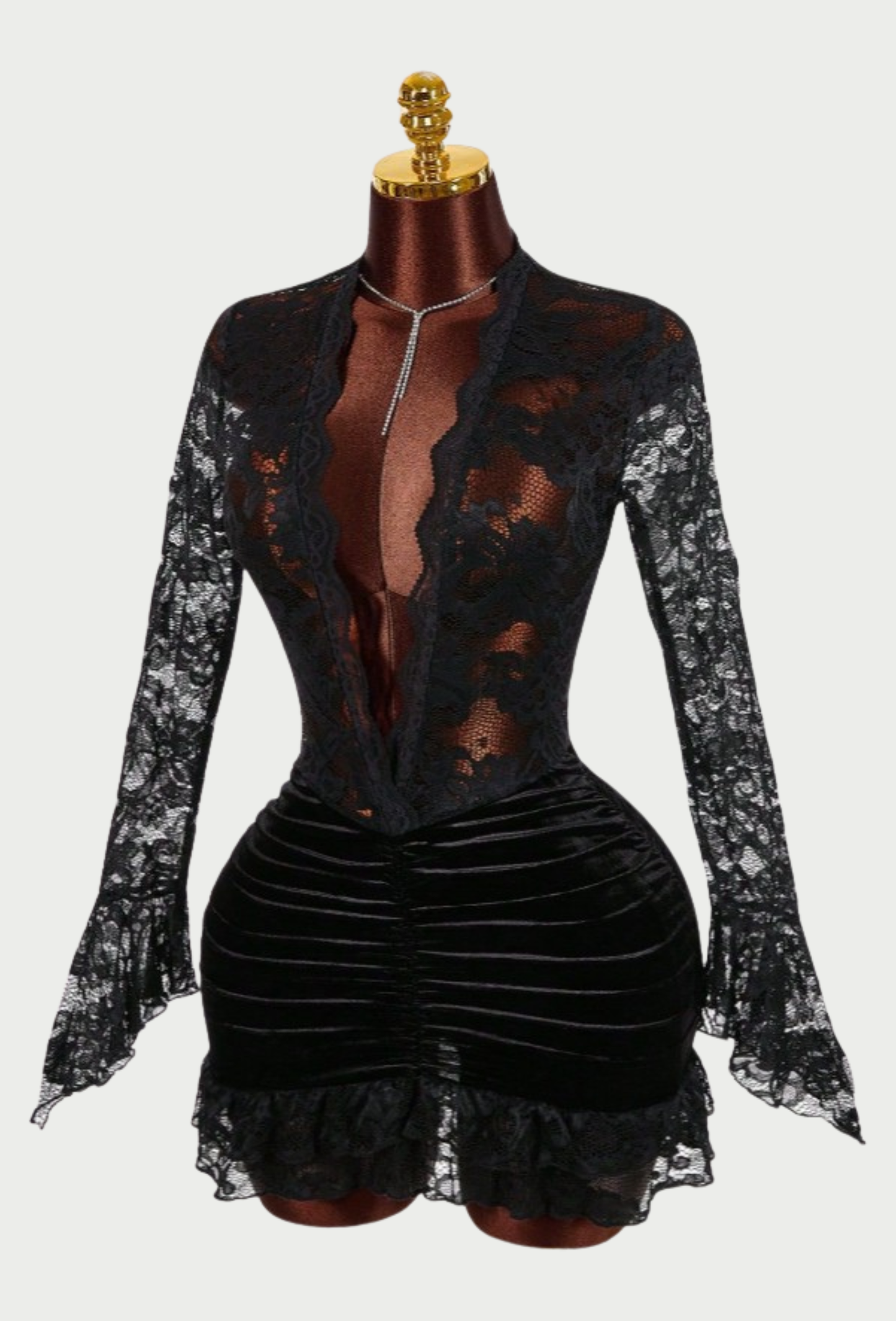 LACE PANEL RUCHED DEEP V DRESS